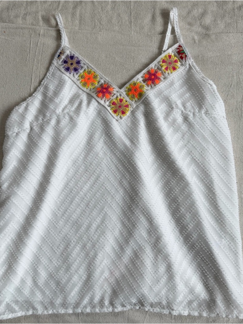 Embroidered Granny Square Swiss Dot Spaghetti Strap Tank Size L Boho Festival